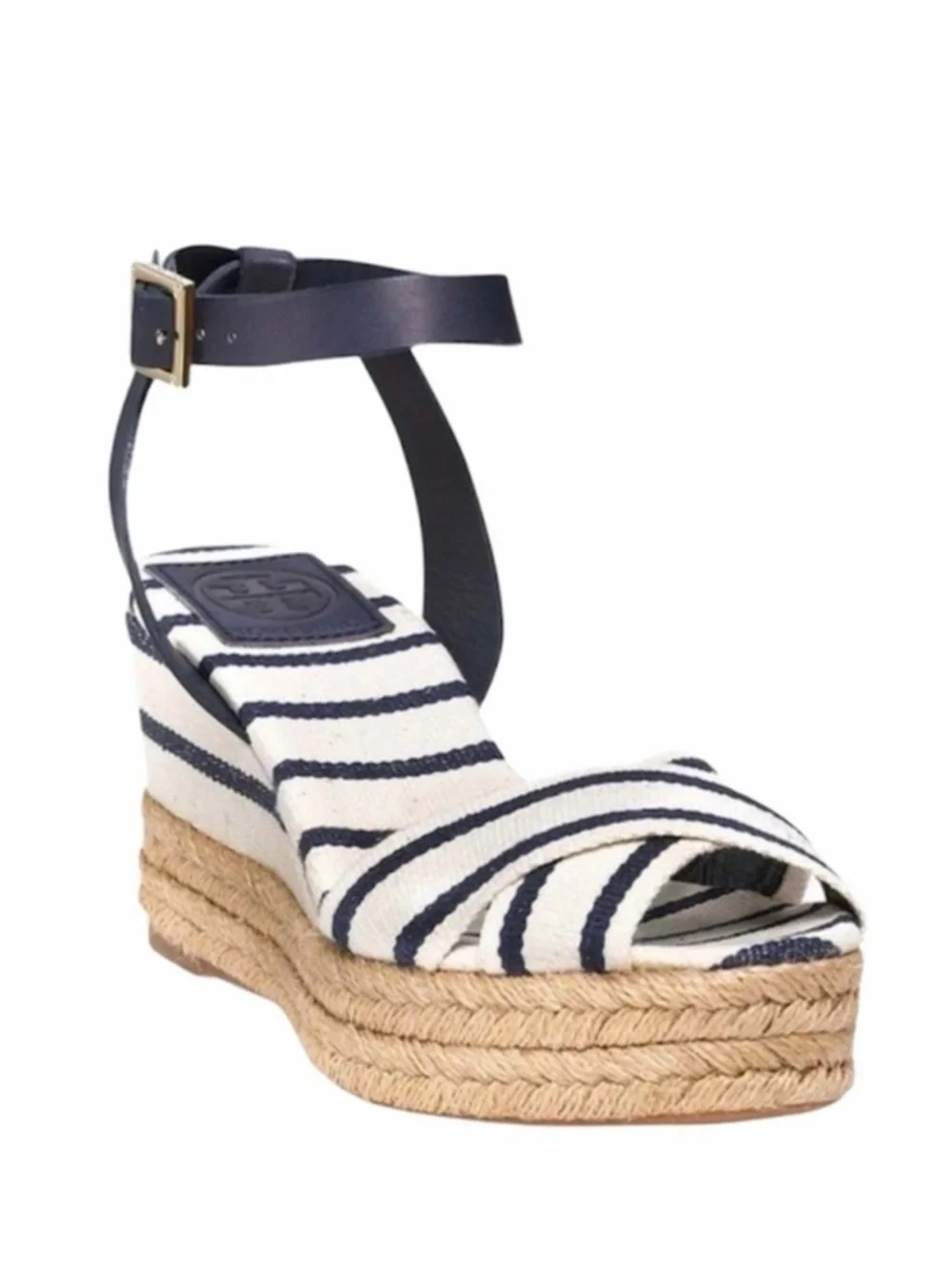 Tory Burch Striped Canvas Karissa Espadrille Wedge Sandal Ankle Strap Size 9